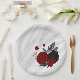 Beautiful black & red flowers marble paper plate