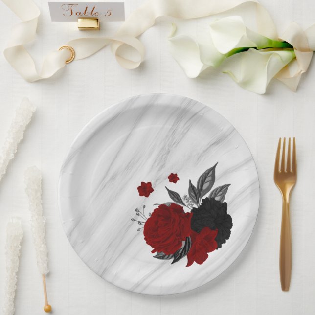 Beautiful black & red flowers marble paper plate (Wedding)