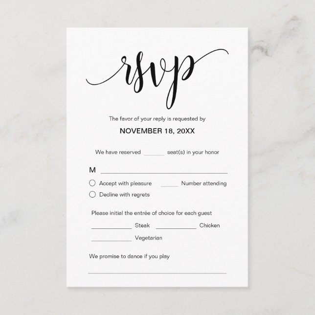 Beautiful Black Script, RSVP, Respond Enclosure Card (Front)
