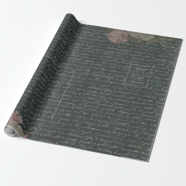 Beautiful Black Script Wrapping Paper w/Pink Roses (Unrolled)