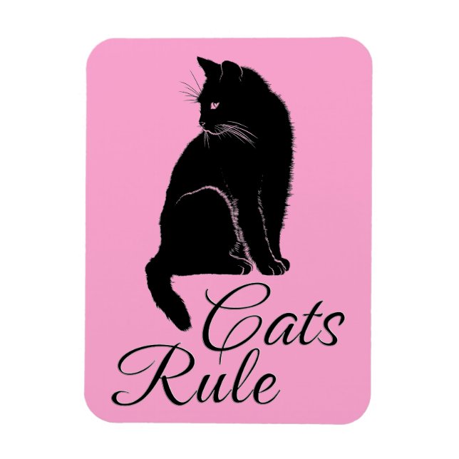Beautiful Black Sitting Cat with "Cats Rule" Text Magnet (Vertical)