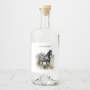 beautiful black stallion in a meadow in watercolor liquor bottle label