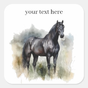 beautiful black stallion in a meadow in watercolor square sticker