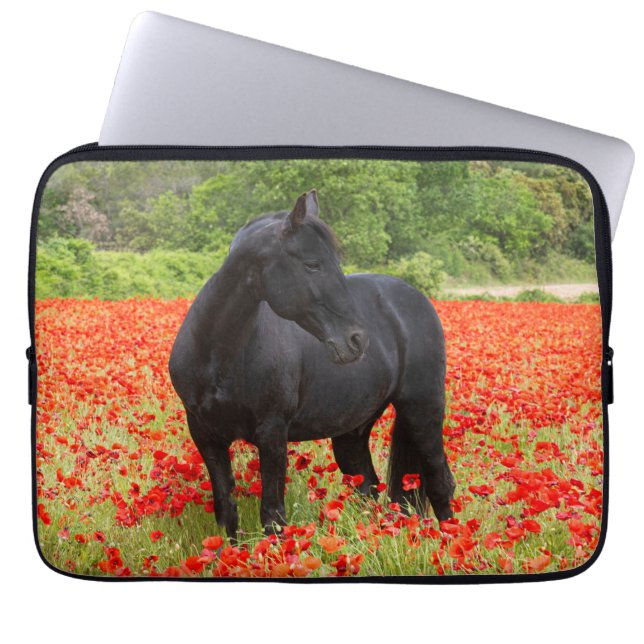 Beautiful Black Stallion in a Poppy Field Laptop S Sleeve (Front)