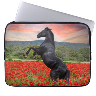 Beautiful Black Stallion in a Poppy Field Laptop Sleeve
