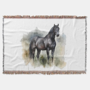 beautiful black stallion painted in watercolor throw blanket