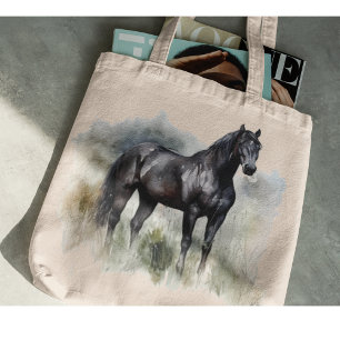 beautiful black stallion painted in watercolor tote bag