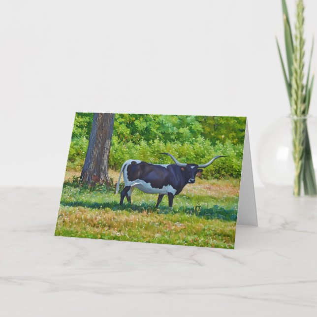 Beautiful Black Texas Longhorn Cow Art Note Card (Front)