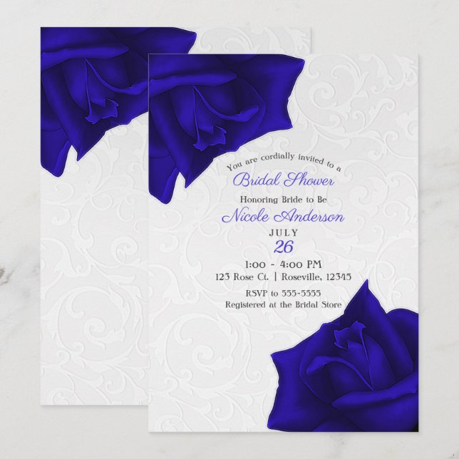 Beautiful Black Texture Blue Roses Bridal Shower Invitation (Front/Back)
