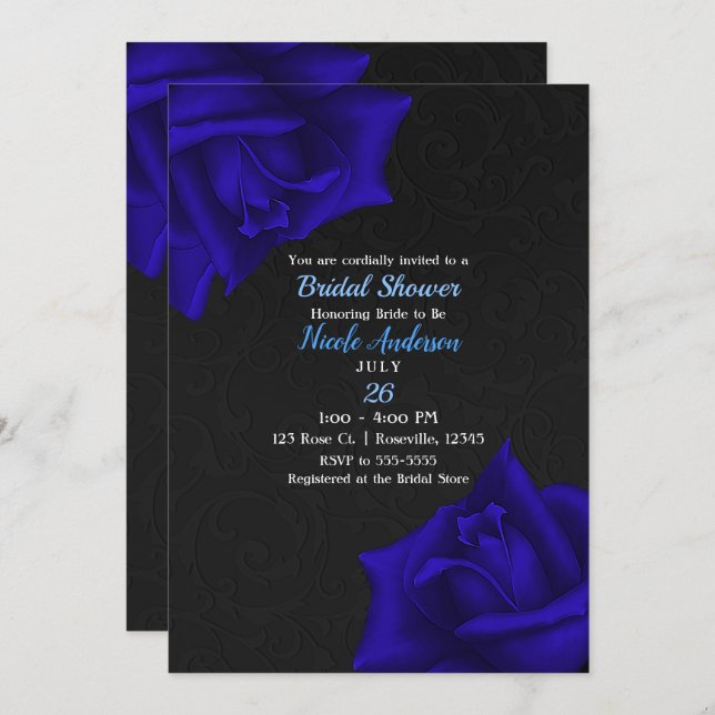 Beautiful Black Texture Blue Roses Bridal Shower Invitation (Front/Back)