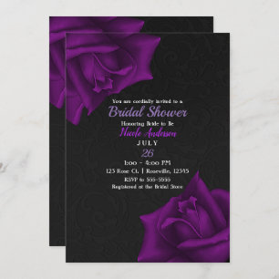 Beautiful Black Texture Purple Roses Bridal Shower Invitation