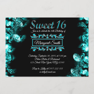 Beautiful Black Turquoise Diamonds Sweet 16 Invite