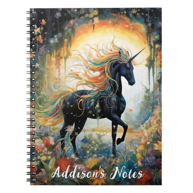 Beautiful Black Unicorn Custom Name Notebook (Front)