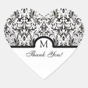 Beautiful Black & White Damask Thank You Heart Sticker