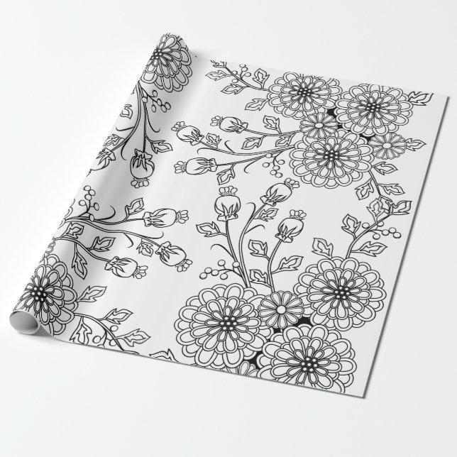 Beautiful Black | White Floral Colouring Paper (Unrolled)