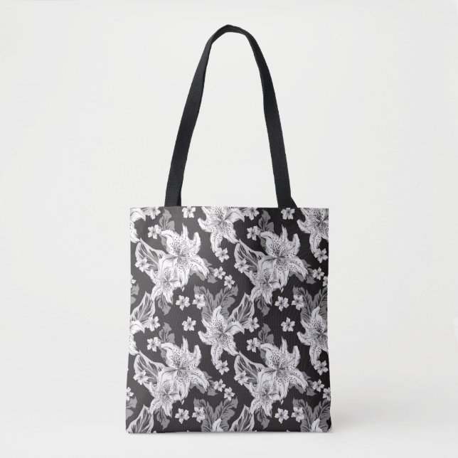 Beautiful black white flower pattern tote bag (Front)