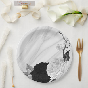 Beautiful black & white flowers marble paper plate