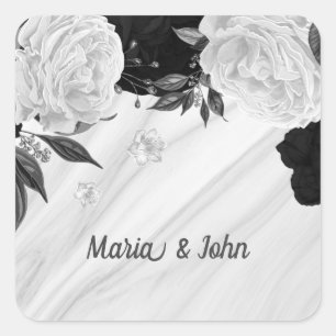 Beautiful black & white flowers marble square sticker