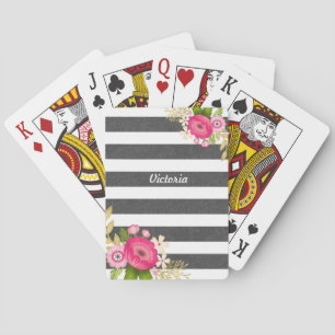 Beautiful Black White Stripe Floral Personalised Playing Cards