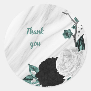 Beautiful black white teal flowers marble classic round sticker