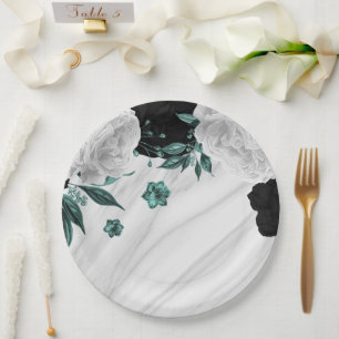 Beautiful black white teal flowers marble paper plate
