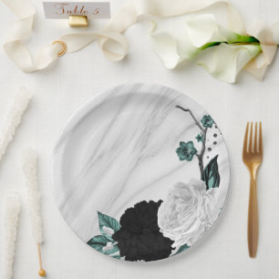 Beautiful black white teal flowers marble paper plate