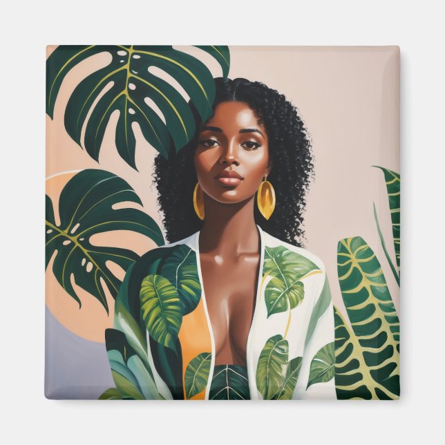 Beautiful Black Woman Botanical Boho Portrait Magnet (Front)