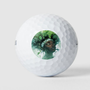 Beautiful Black Woman Floating in Water w/ Plants Golf Balls
