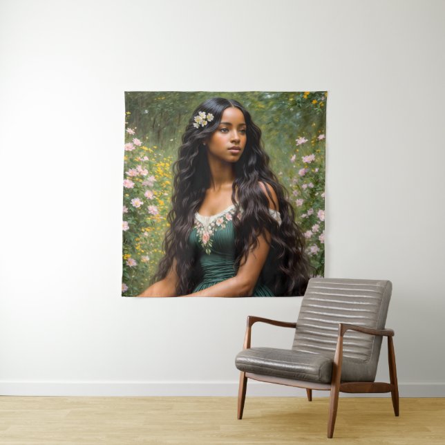 Beautiful Black Woman Floral Portrait Tapestry (In Situ)