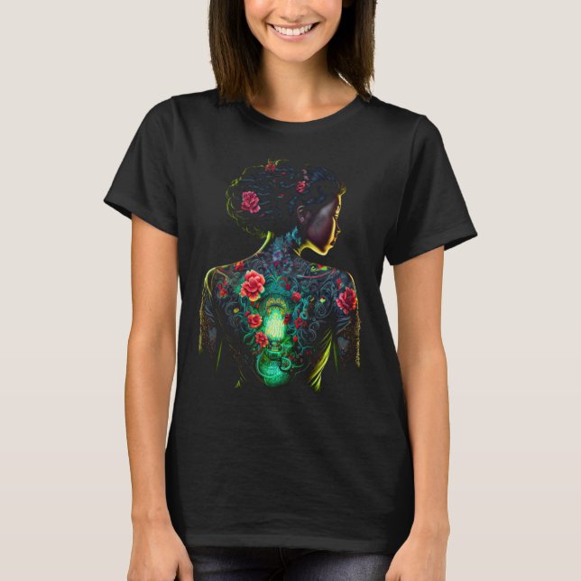 Beautiful Black Woman Geisha Tattoos Flowers Melan T-Shirt (Front)