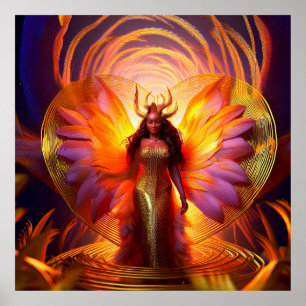 Beautiful Black Woman Gold Dress Heart Background Poster