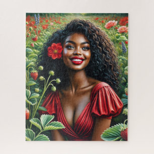Beautiful Black Woman In Red Strawberry Art Jigsaw Puzzle