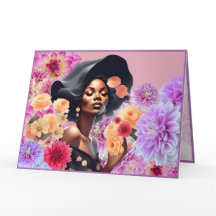 BEAUTIFUL BLACK WOMAN PINK FLOWERS BUTTERFLIES 