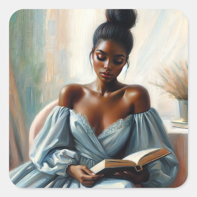 Beautiful Black Woman Reading Book Square Sticker (Front)