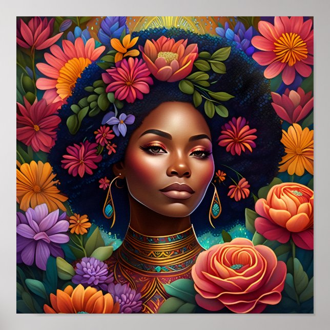 Beautiful Black Woman Surrounded by Flowers Poster (Front)
