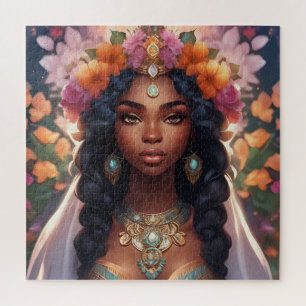 Beautiful Black Woman Wearing a Floral Crown Jigsaw Puzzle