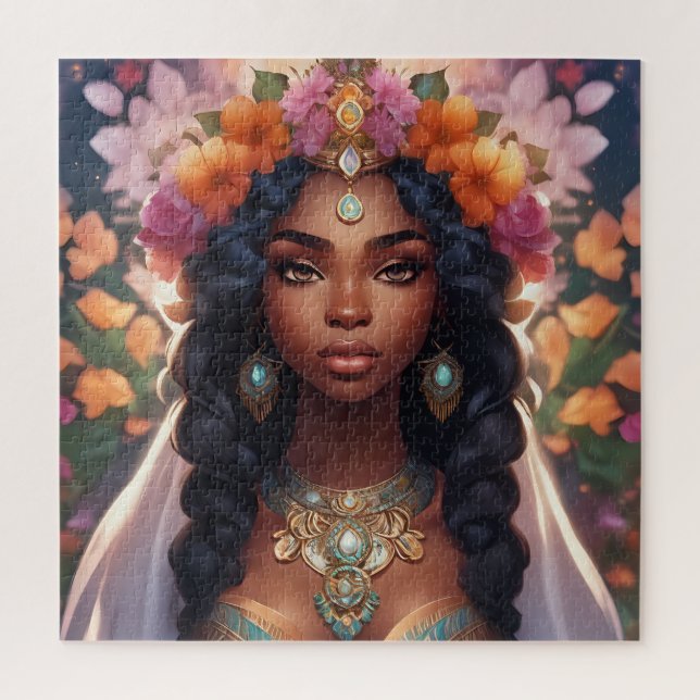 Beautiful Black Woman Wearing a Floral Crown Jigsaw Puzzle (Vertical)