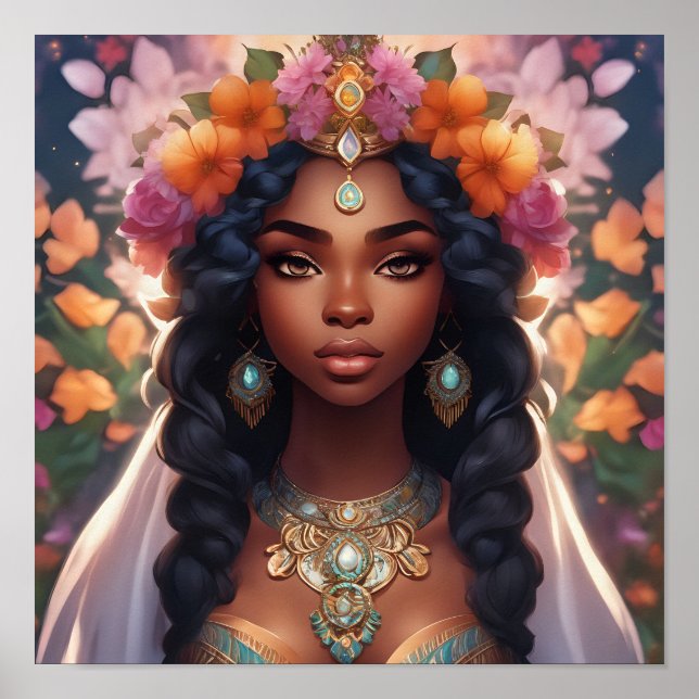 Beautiful Black Woman Wearing a Floral Crown Poster (Front)