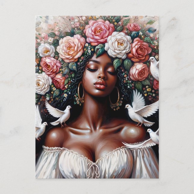 Beautiful Black Woman With Doves Floral Postcard (Front)