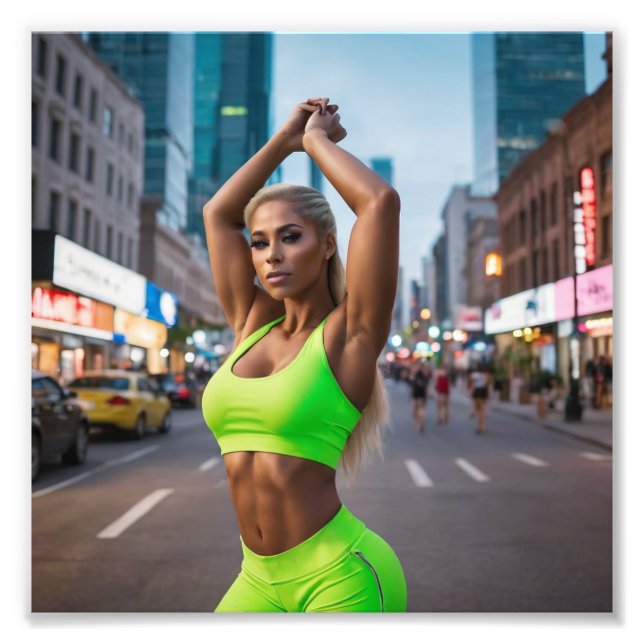 Beautiful Blond Fitness Girl Posing in Neon Green Photo Print (Front)