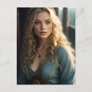 Beautiful Blonde Curls Woman in Blue and Gold Dres Postcard