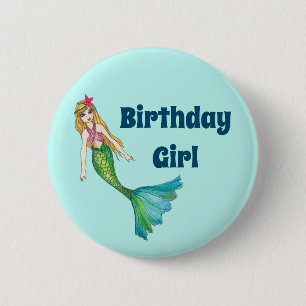Beautiful Blonde Hair Mermaid Birthday Girl Button