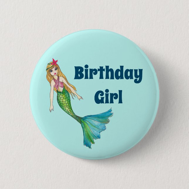 Beautiful Blonde Hair Mermaid Birthday Girl Button (Front)