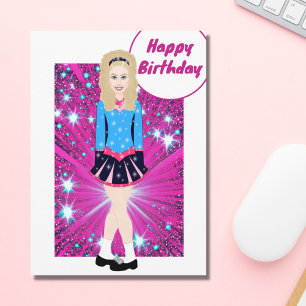 Beautiful Blonde Irish Dancer, Pink, Blue Birthday Card