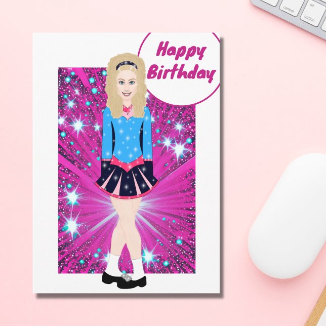 Beautiful Blonde Irish Dancer, Pink, Blue Birthday Card (Creator Uploaded)