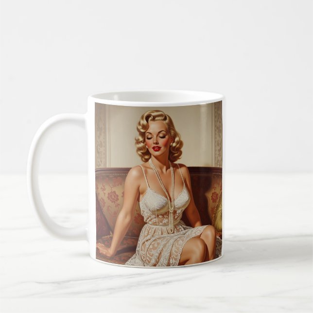 Beautiful blonde pin-up 50's art coffee mug (Left)