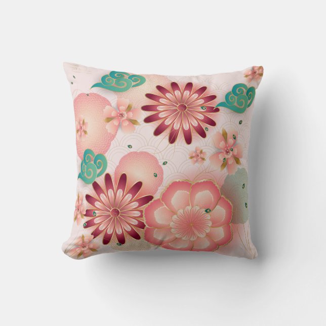 Beautiful bloom peach peony flowers sakura garden cushion (Front)