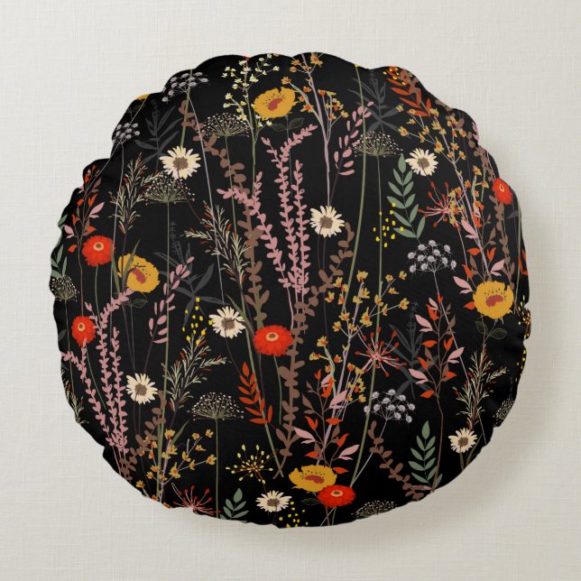Beautiful blooming meadow flowers pattern round cushion (Front)