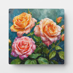 Beautiful Blooming Roses with Water Droplets Plaque