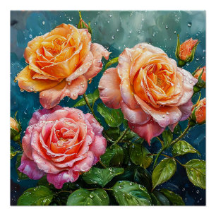 Beautiful Blooming Roses with Water Droplets Poster